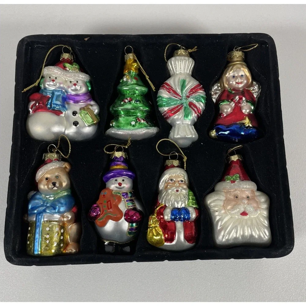 Set of 8 Mikasa Vintage Glass Christmas Ornaments - Santa, Snowmen, Angel & More